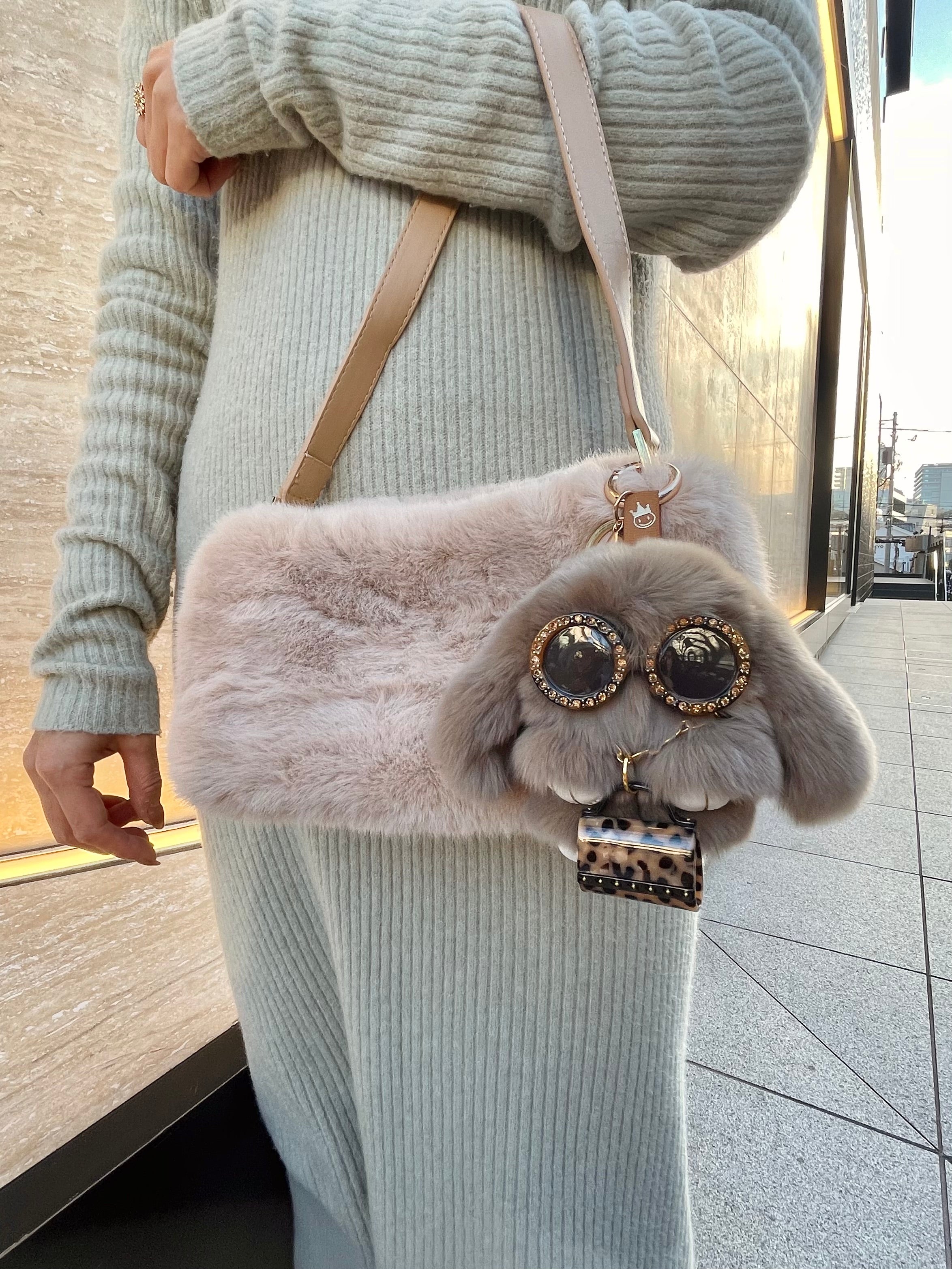 Eco fur mini shoulder bag beige